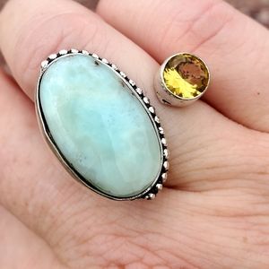 New Larimar and Citrine 925 Silver Cuff Ring.